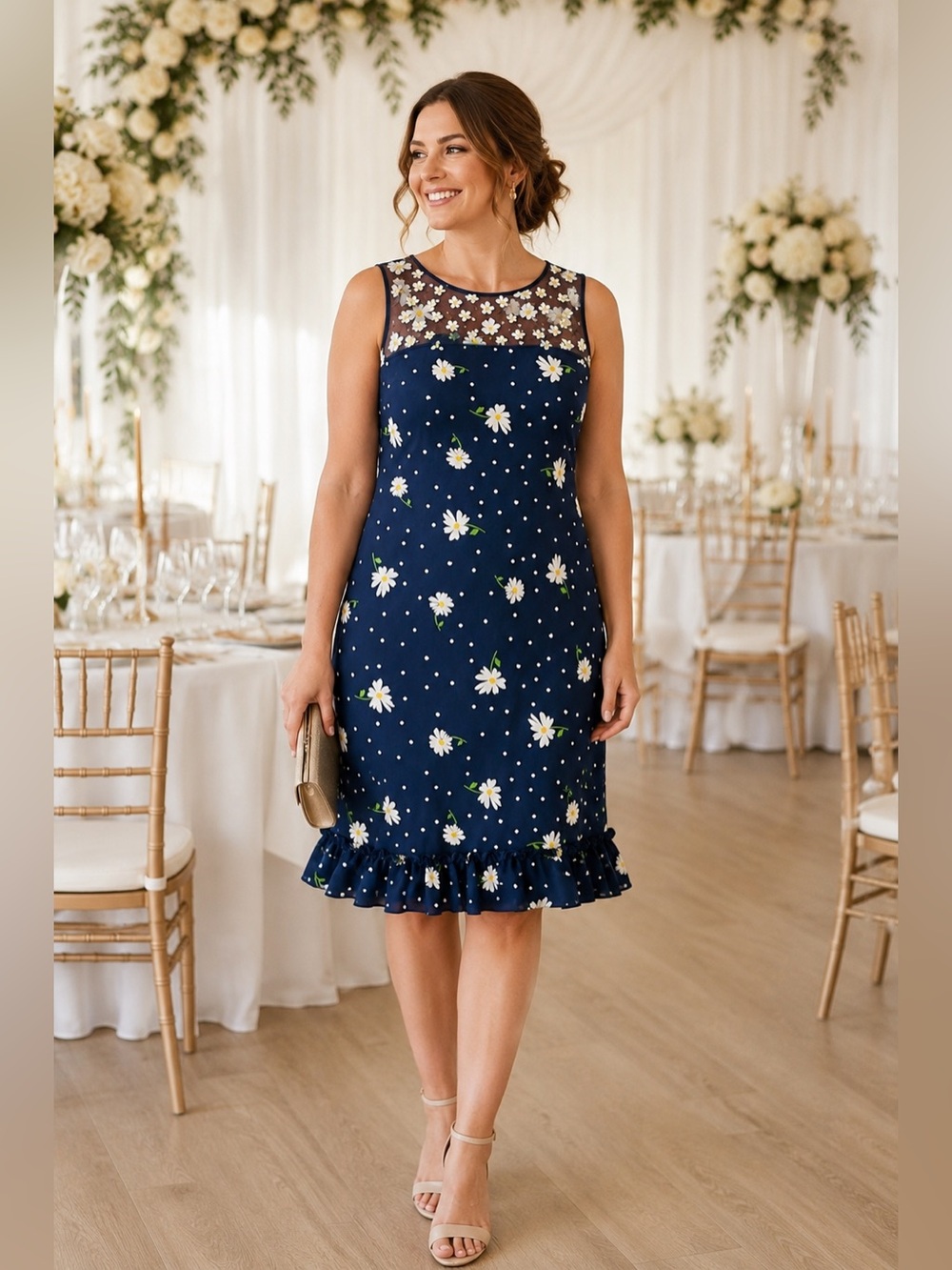 Karl Lagerfeld navy daisy 3D sleeveless floral print dress Size 14 Wedding Guest